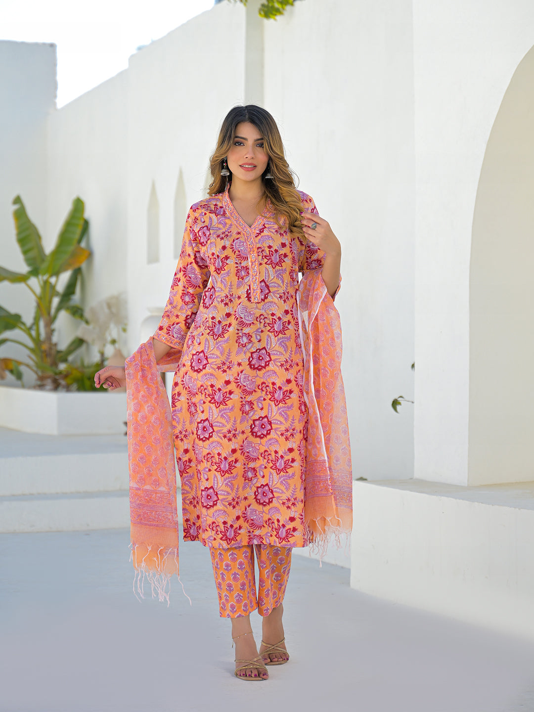 Orange Floral Cotton Hand Block Kurta Sets With Dupatta