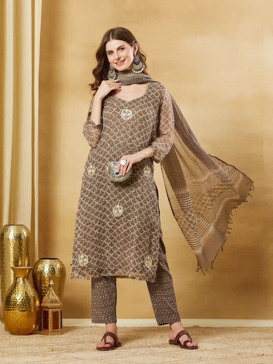 Brown Kota Doria Round Neck Hand Block Kurta Set with Dupatta