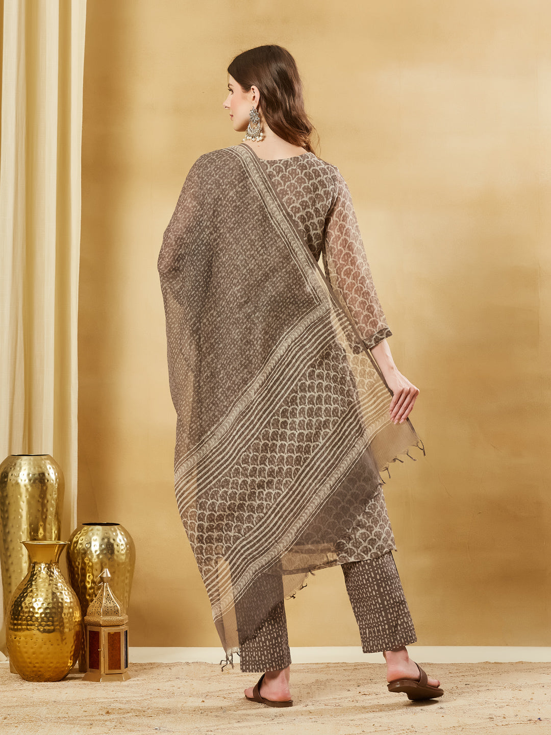 Brown Kota Doria Round Neck Hand Block Kurta Set with Dupatta