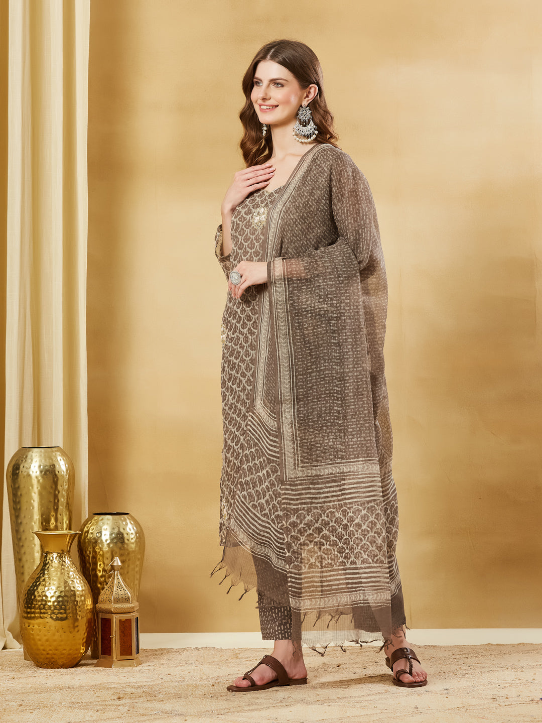 Brown Kota Doria Round Neck Hand Block Kurta Set with Dupatta