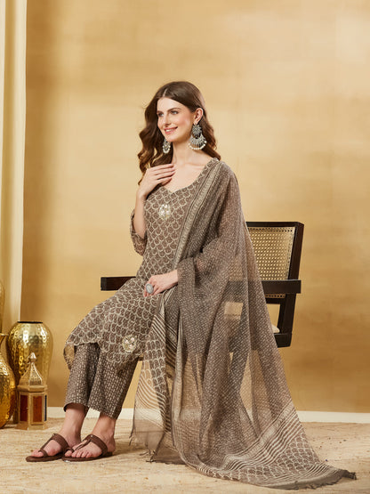 Brown Kota Doria Round Neck Hand Block Kurta Set with Dupatta