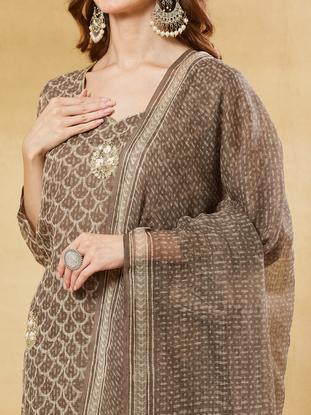 Brown Kota Doria Round Neck Hand Block Kurta Set with Dupatta