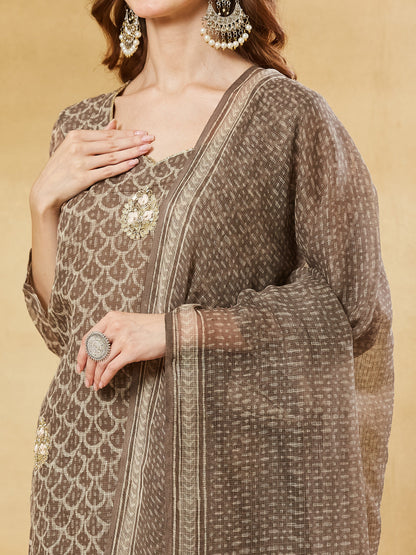 Brown Kota Doria Round Neck Hand Block Kurta Set with Dupatta