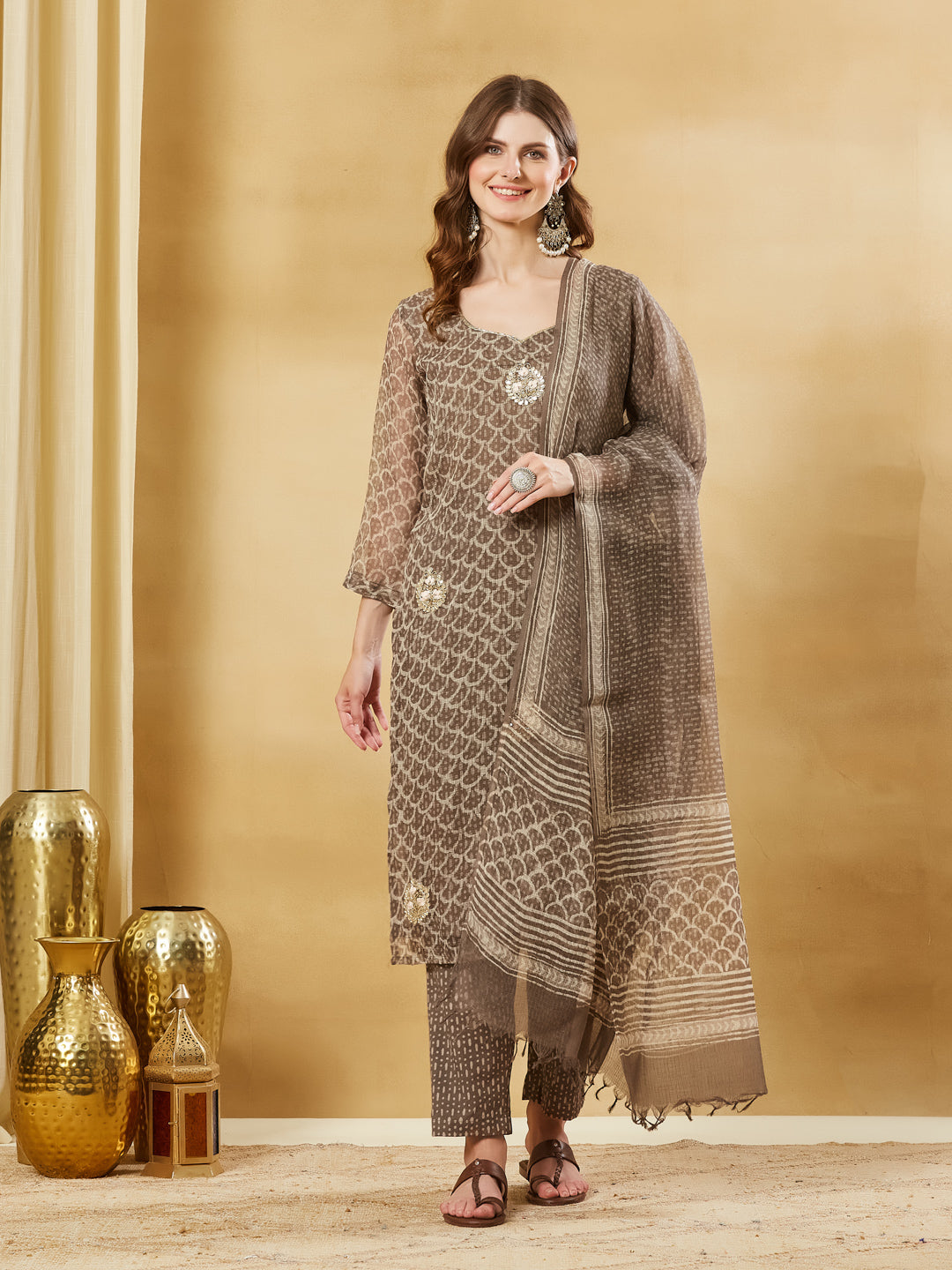 Brown Kota Doria Round Neck Hand Block Kurta Set with Dupatta