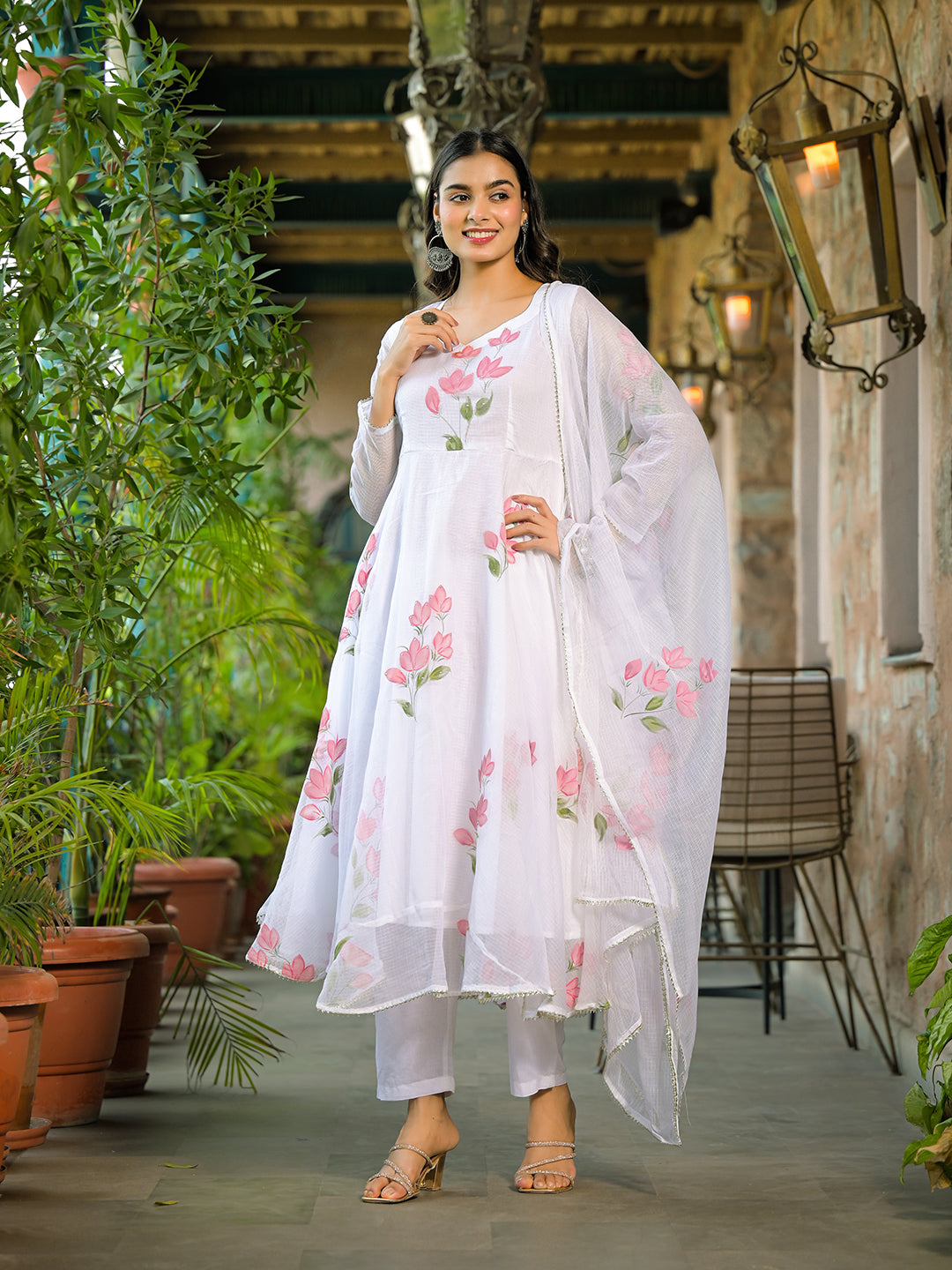 White Hand Painted Kota Doria Anarkali Kurta Sets With Dupatta