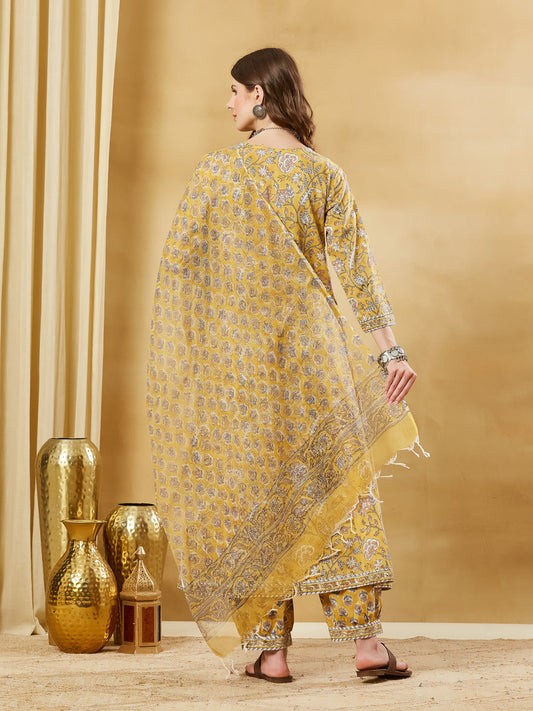 Mustard Hand Block Cotton Kurta Pant Set With Dupatta