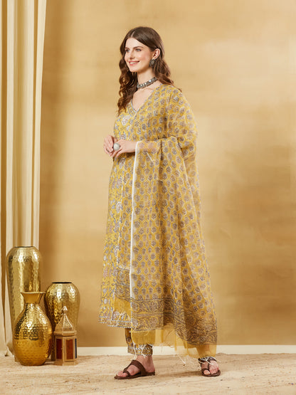 Mustard Hand Block Cotton Kurta Pant Set With Dupatta