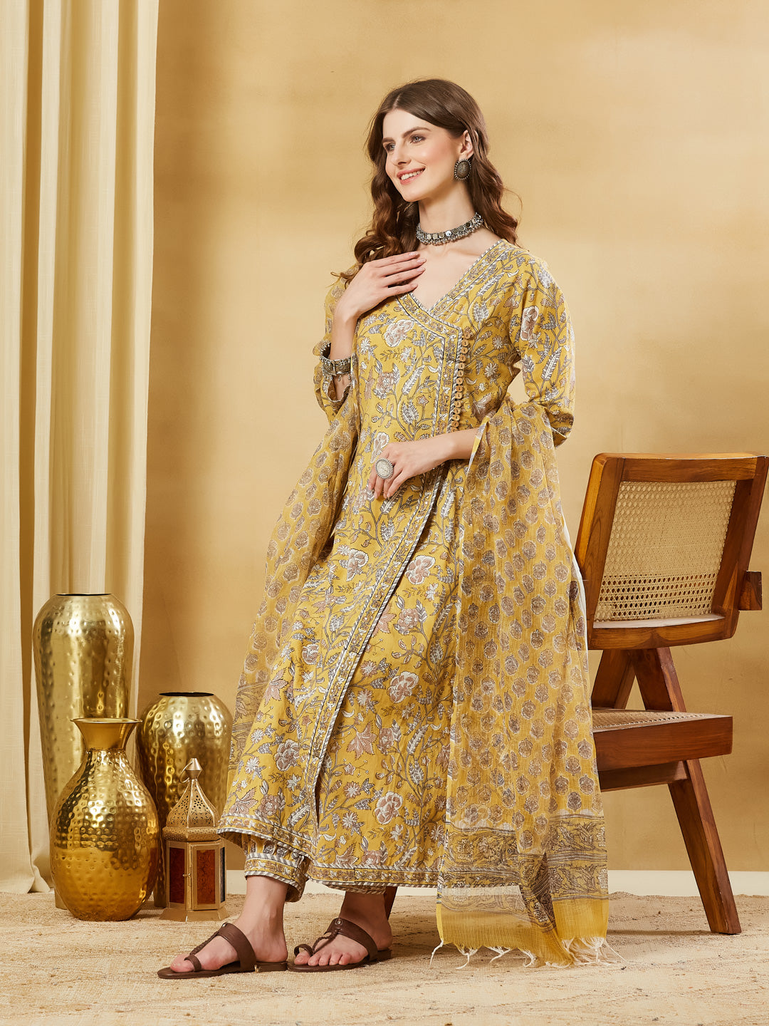 Mustard Hand Block Cotton Kurta Pant Set With Dupatta