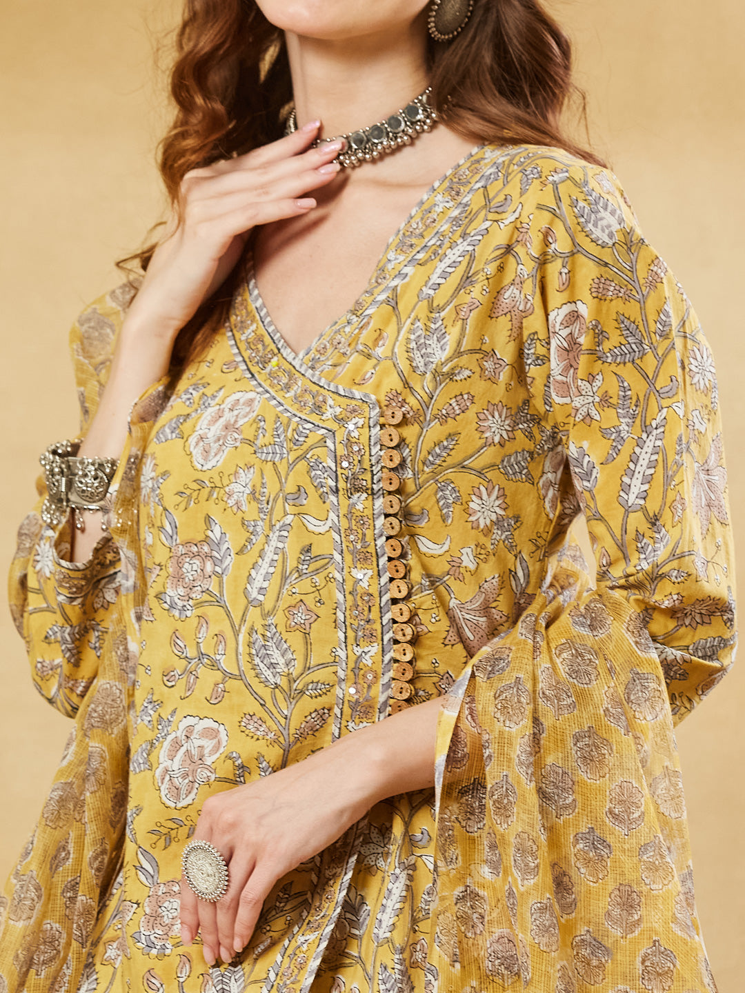 Mustard Hand Block Cotton Kurta Pant Set With Dupatta