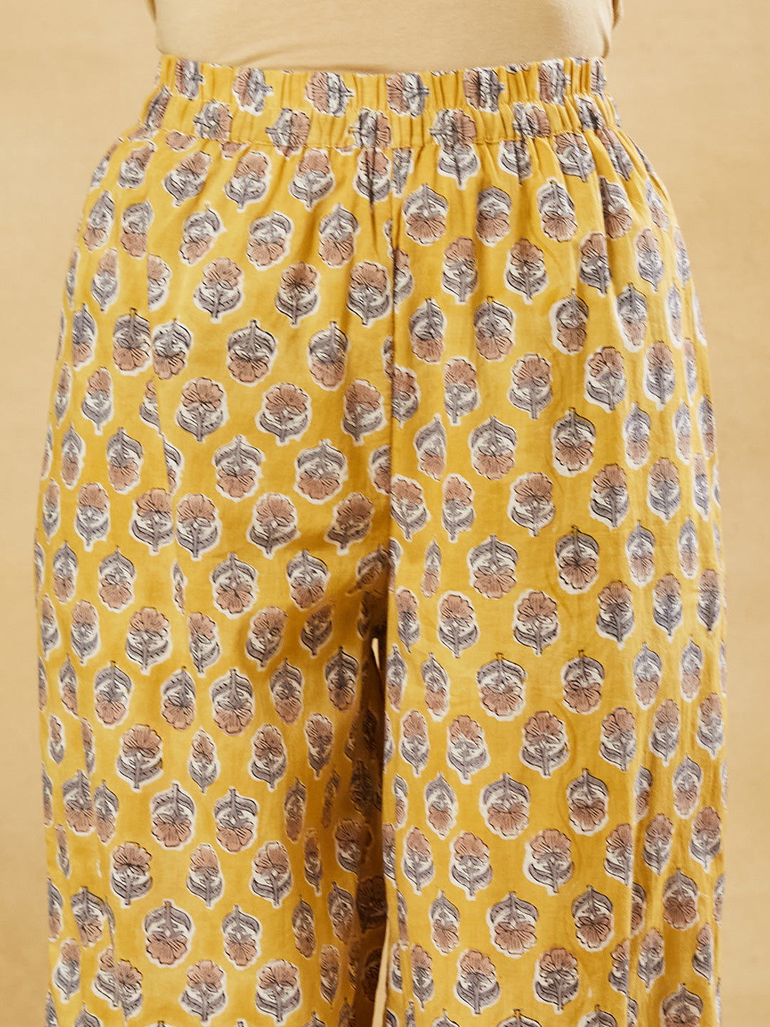 Mustard Hand Block Cotton Kurta Pant Set With Dupatta