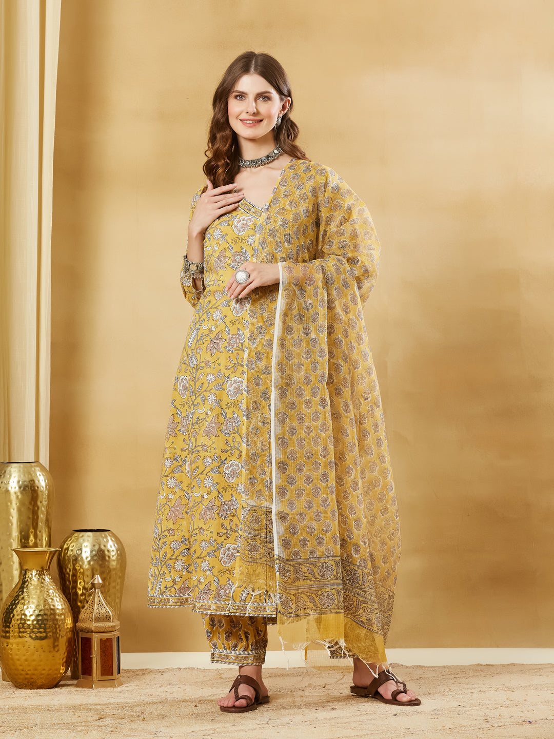Mustard Hand Block Cotton Kurta Pant Set With Dupatta
