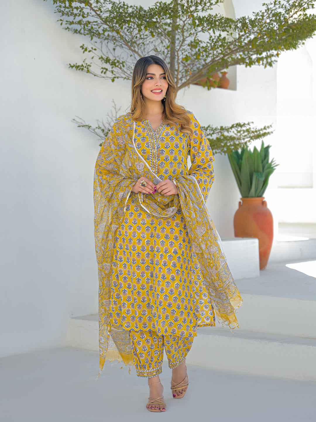 Mustard Hand Block Cotton Straight Kurta Pant Set With Dupatta
