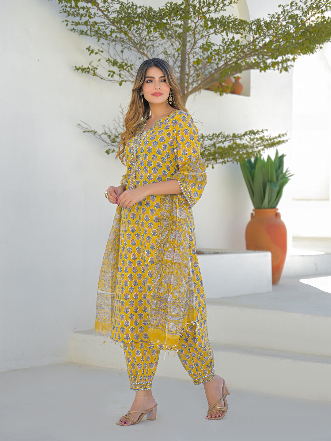 Mustard Hand Block Cotton Straight Kurta Pant Set With Dupatta