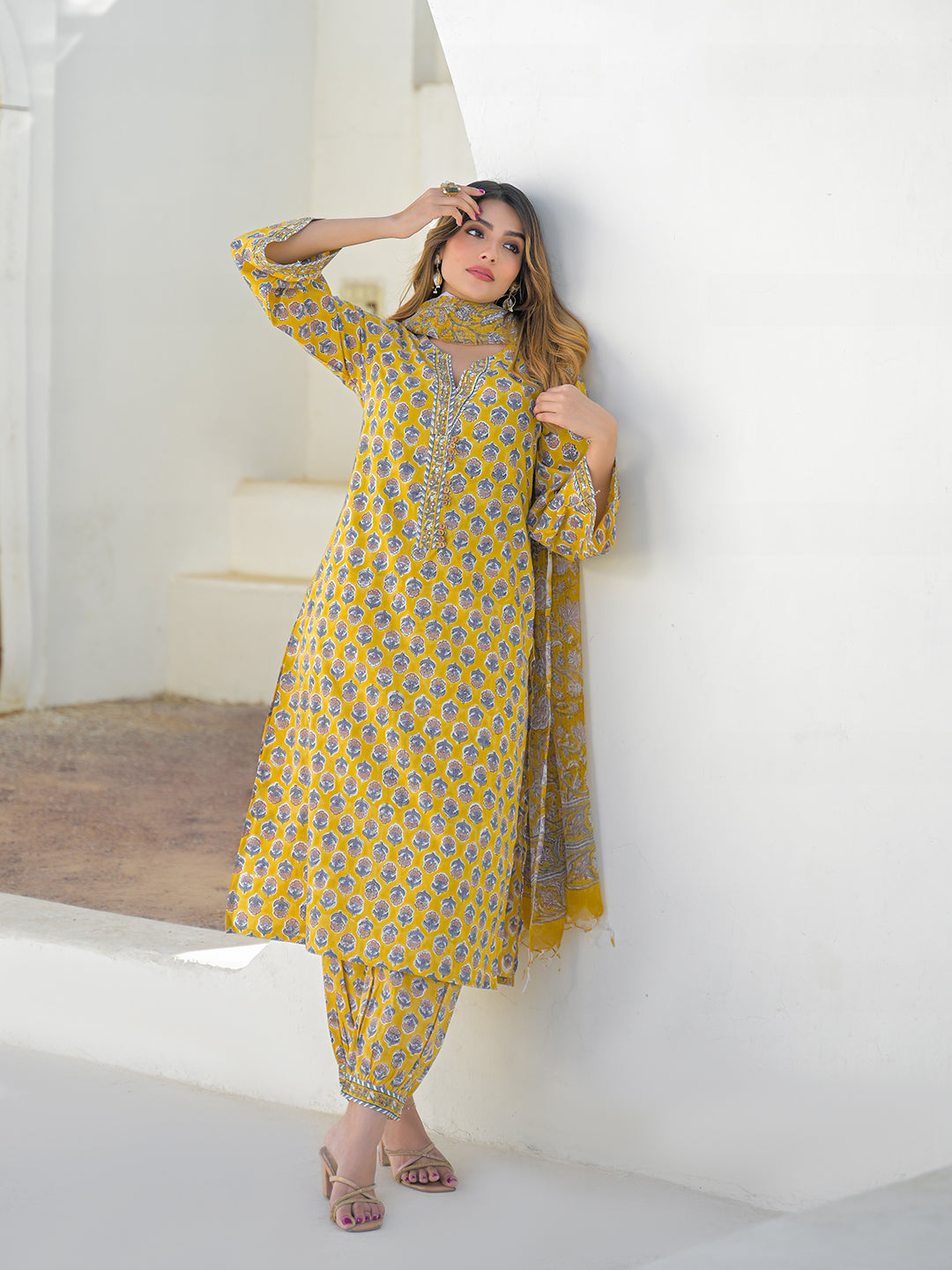 Mustard Hand Block Cotton Straight Kurta Pant Set With Dupatta