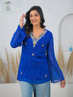 Blue Bandhani Gotta Patti Work Geogratte V-Neck Top
