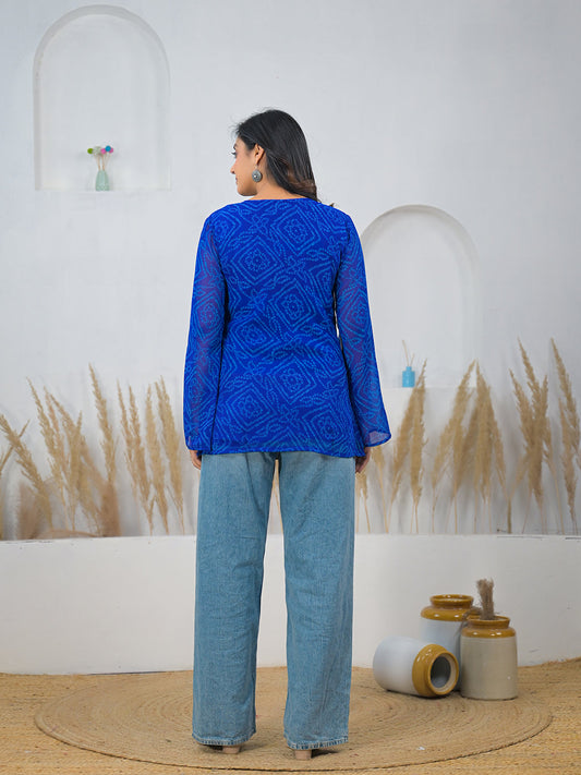 Blue Bandhani Gotta Patti Work Geogratte V-Neck Top