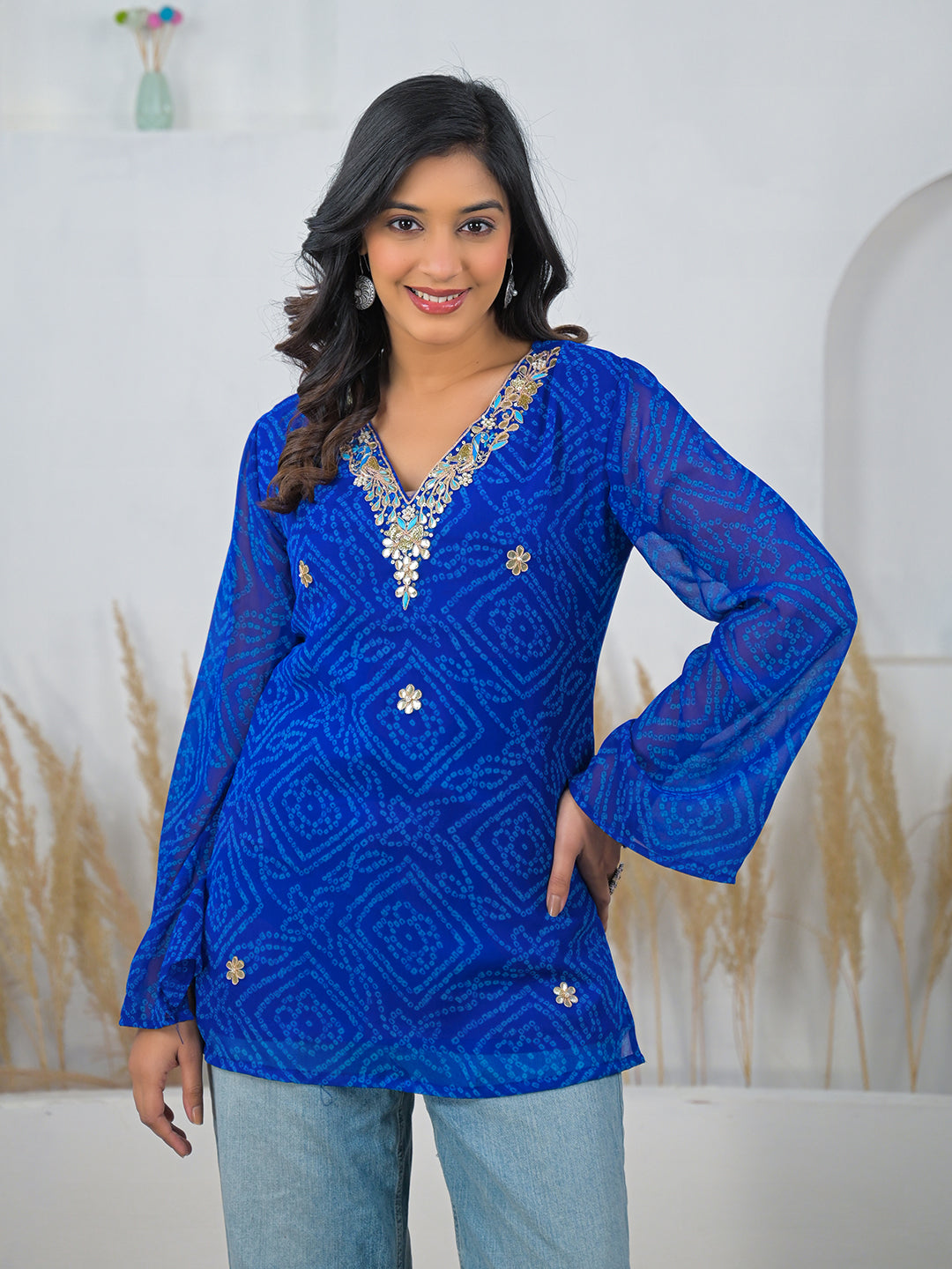 Blue Bandhani Gotta Patti Work Geogratte V-Neck Top