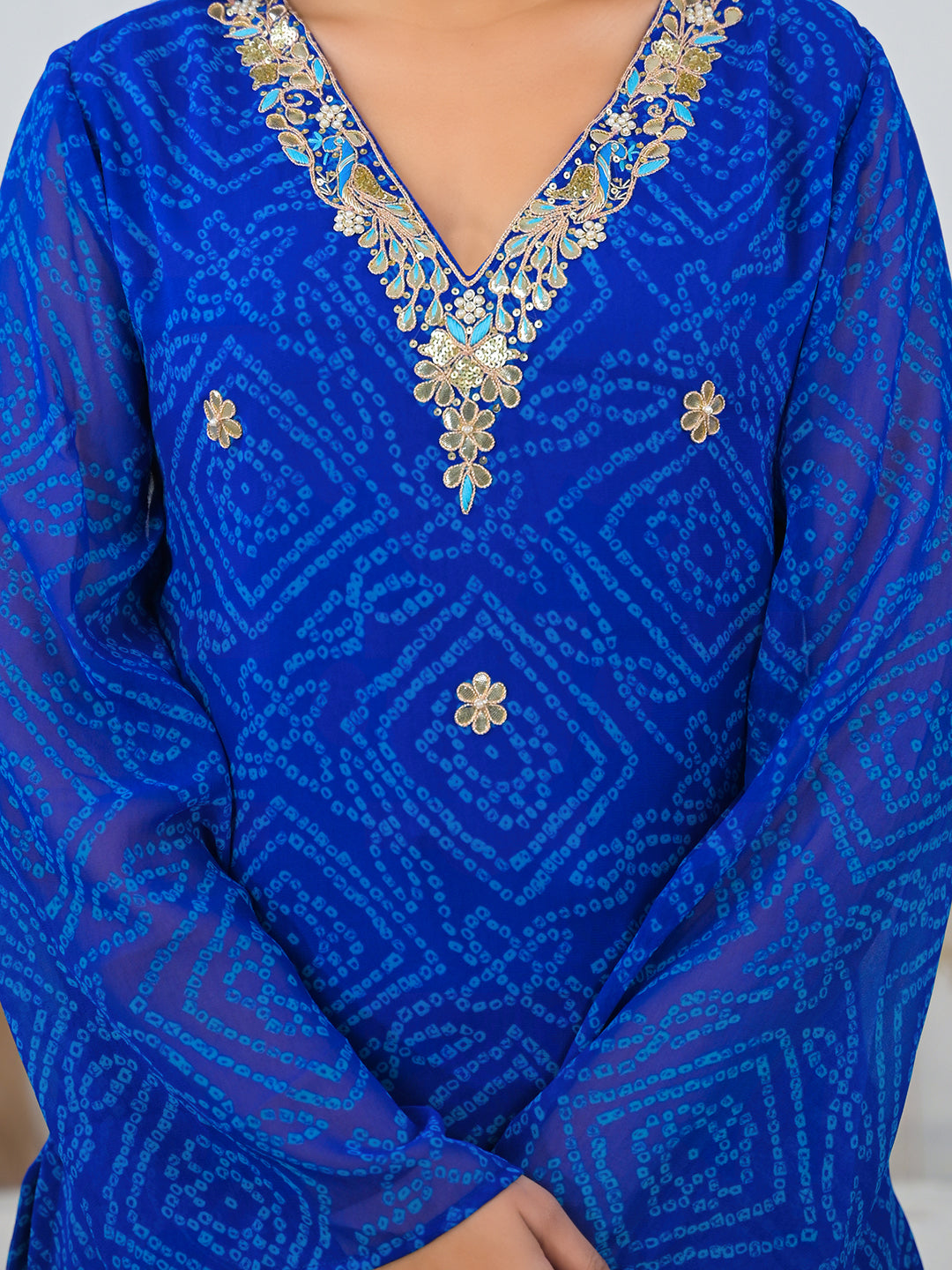 Blue Bandhani Gotta Patti Work Geogratte V-Neck Top