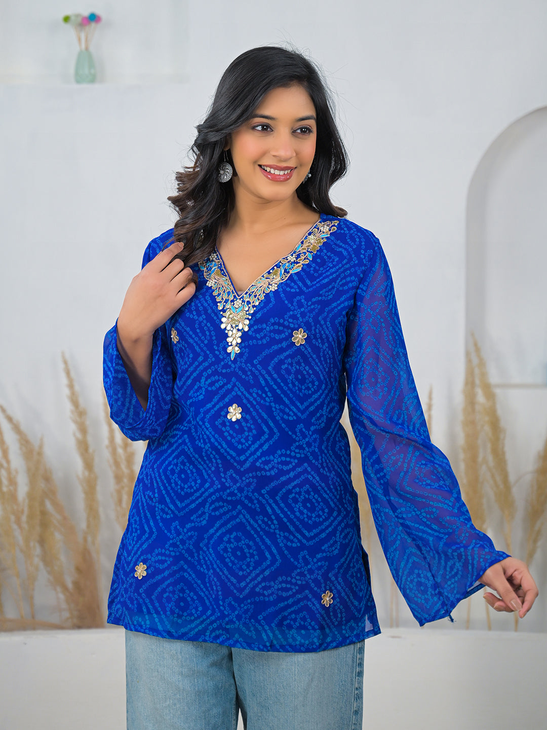 Blue Bandhani Gotta Patti Work Geogratte V-Neck Top