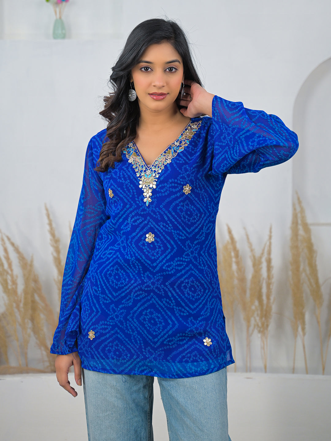 Blue Bandhani Gotta Patti Work Geogratte V-Neck Top