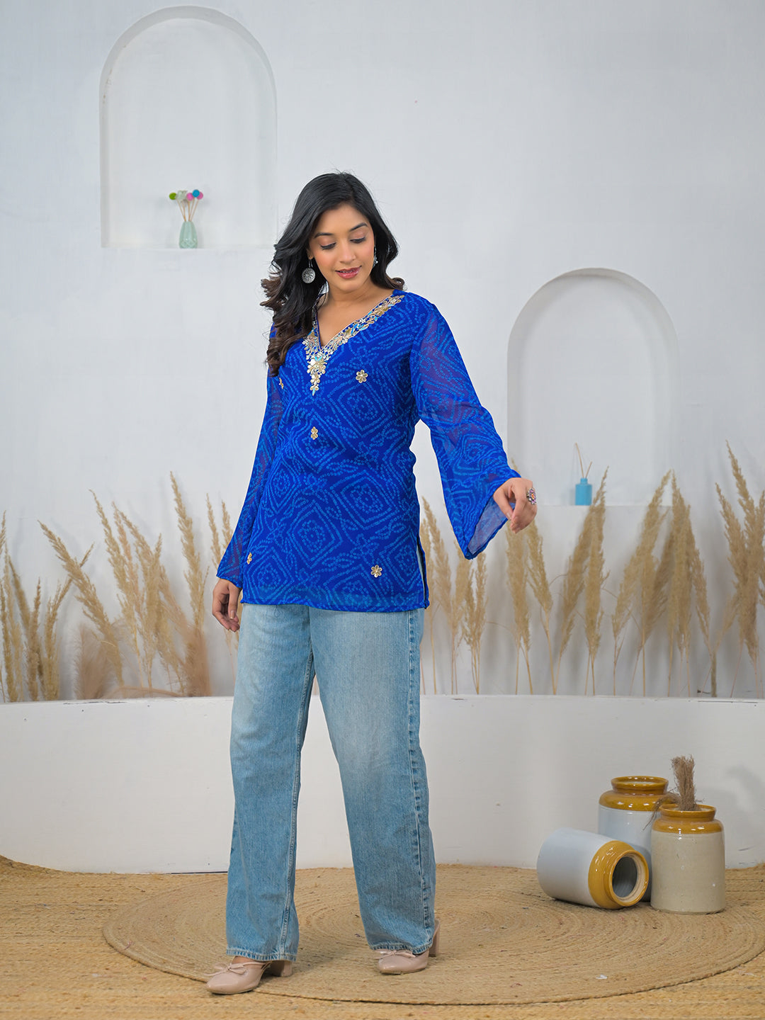 Blue Bandhani Gotta Patti Work Geogratte V-Neck Top