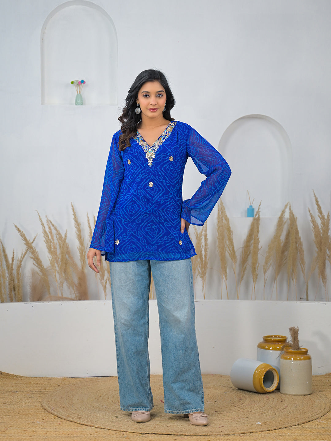 Blue Bandhani Gotta Patti Work Geogratte V-Neck Top