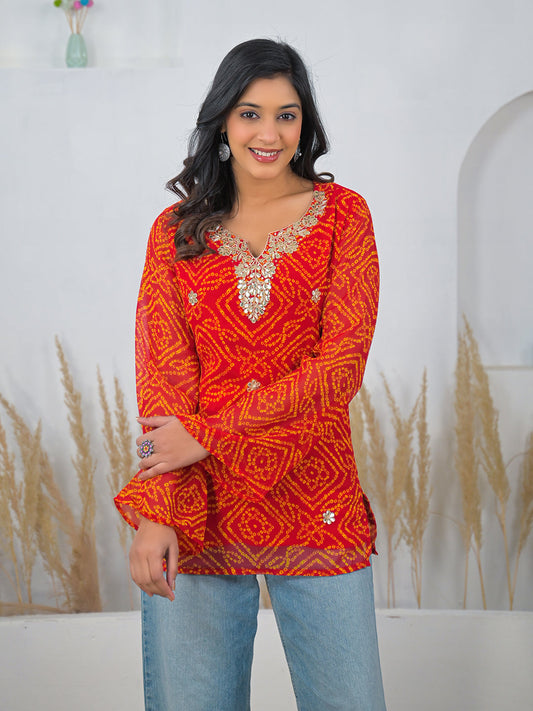 Orange Bandhani Gotta Patti Work Geogratte V-Neck Top