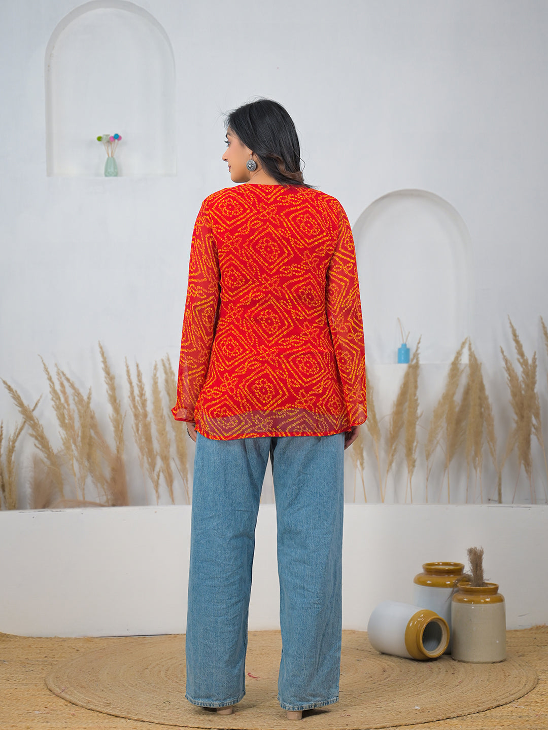 Orange Bandhani Gotta Patti Work Geogratte V-Neck Top