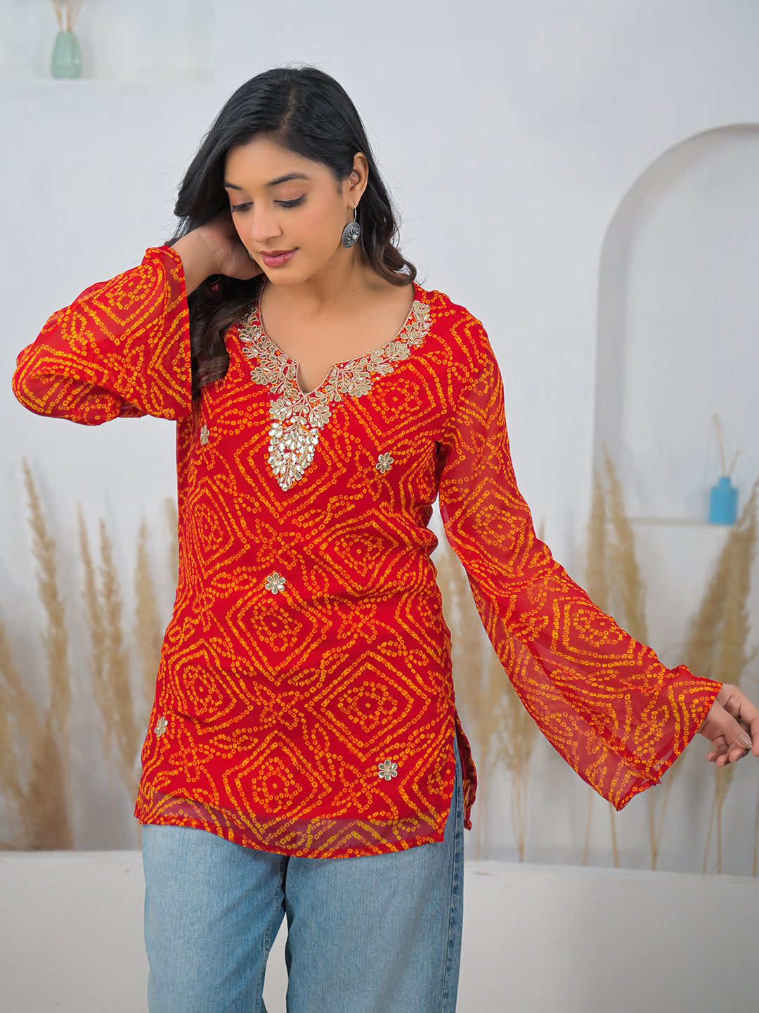 Orange Bandhani Gotta Patti Work Geogratte V-Neck Top