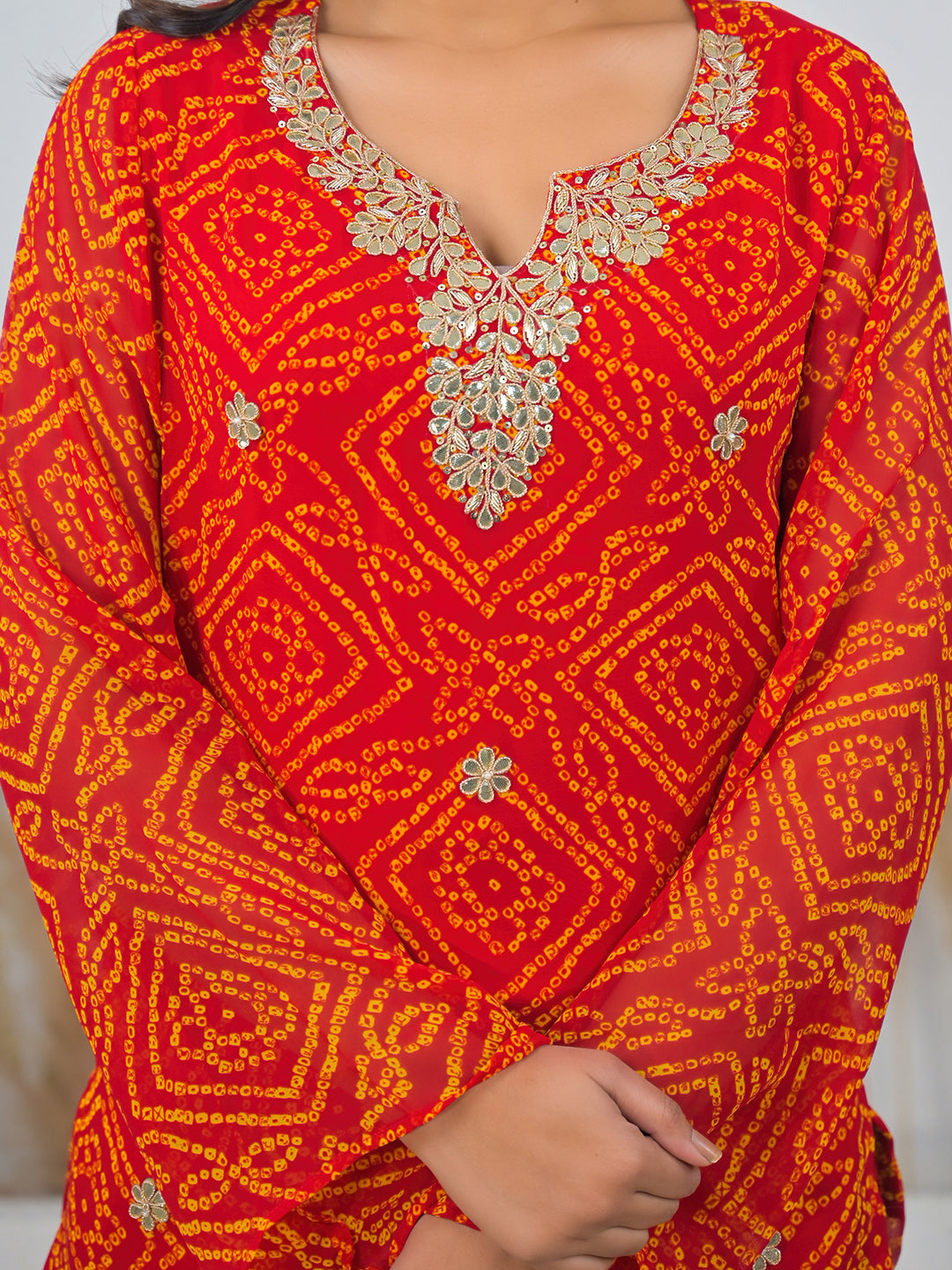 Orange Bandhani Gotta Patti Work Geogratte V-Neck Top