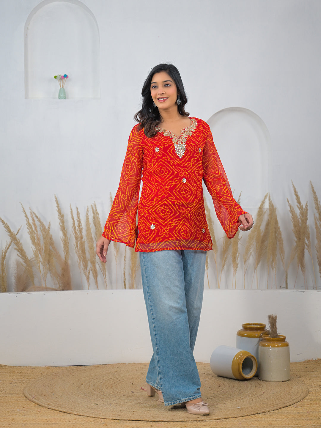 Orange Bandhani Gotta Patti Work Geogratte V-Neck Top