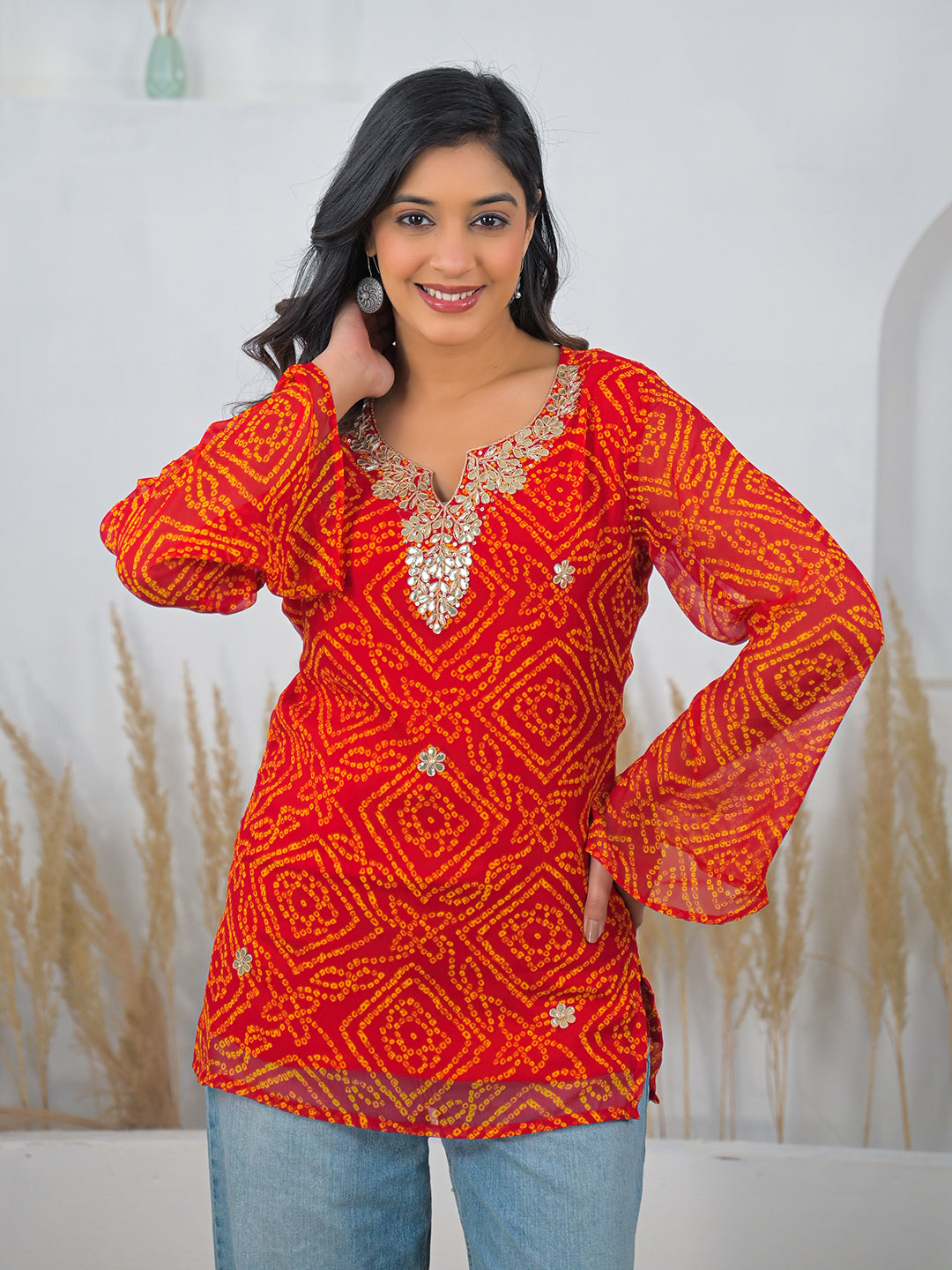 Orange Bandhani Gotta Patti Work Geogratte V-Neck Top