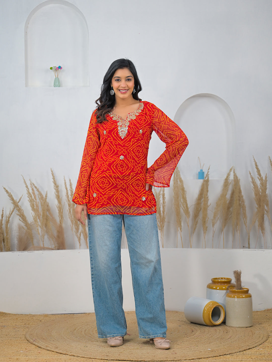 Orange Bandhani Gotta Patti Work Geogratte V-Neck Top
