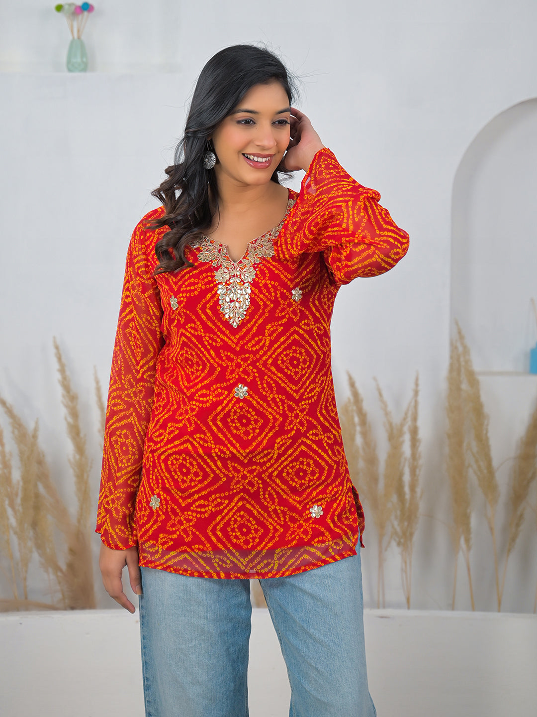 Orange Bandhani Gotta Patti Work Geogratte V-Neck Top