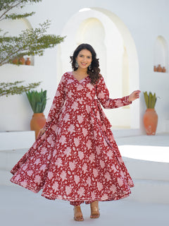 Maroon Anarkali Angrakha Floral Cotton Kurta Pant Sets