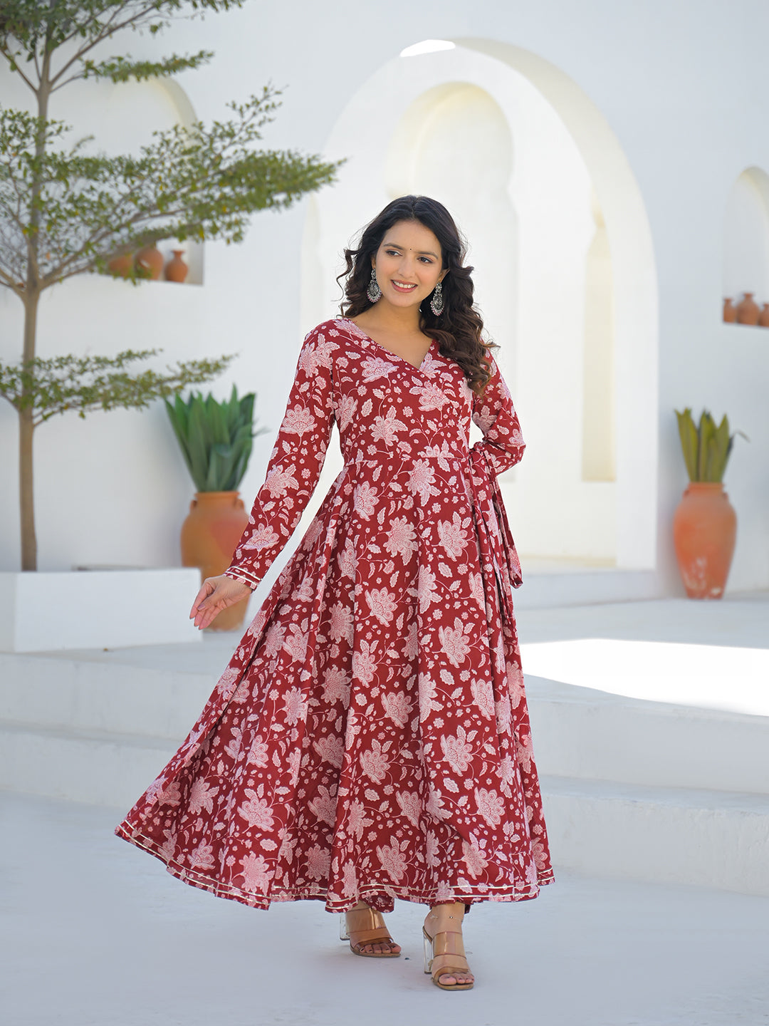 Maroon Anarkali Angrakha Floral Cotton Kurta Pant Sets