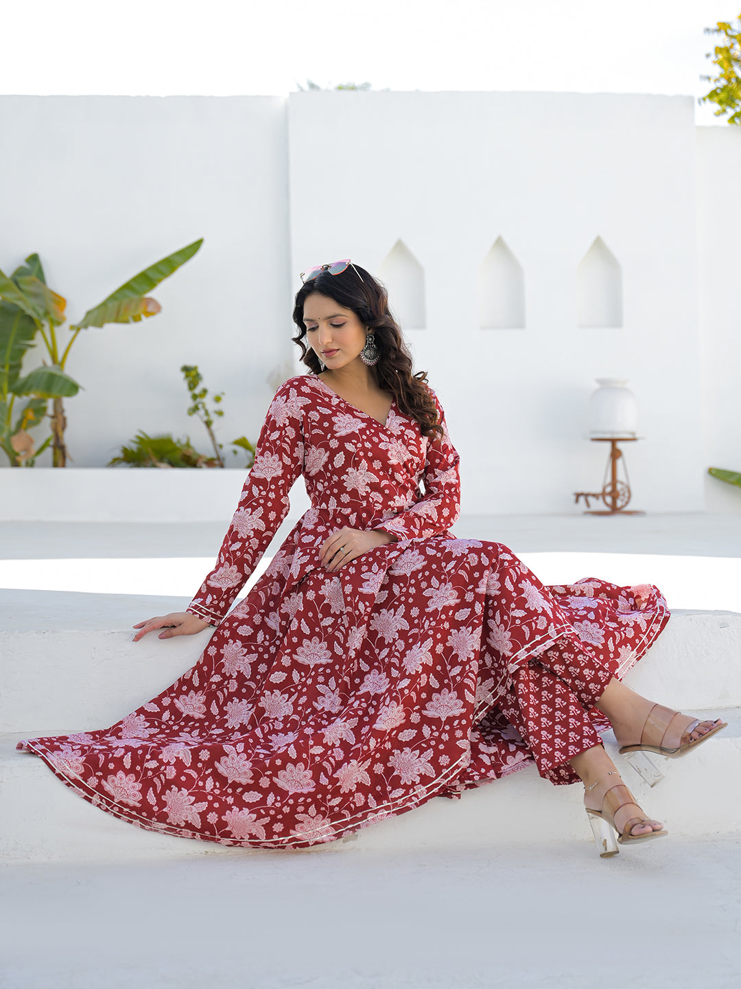 Maroon Anarkali Angrakha Floral Cotton Kurta Pant Sets