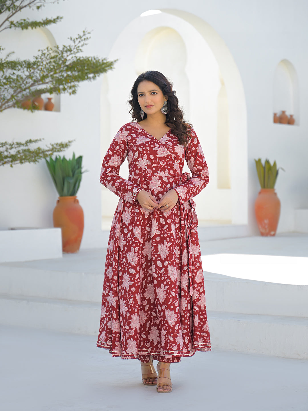 Maroon Anarkali Angrakha Floral Cotton Kurta Pant Sets