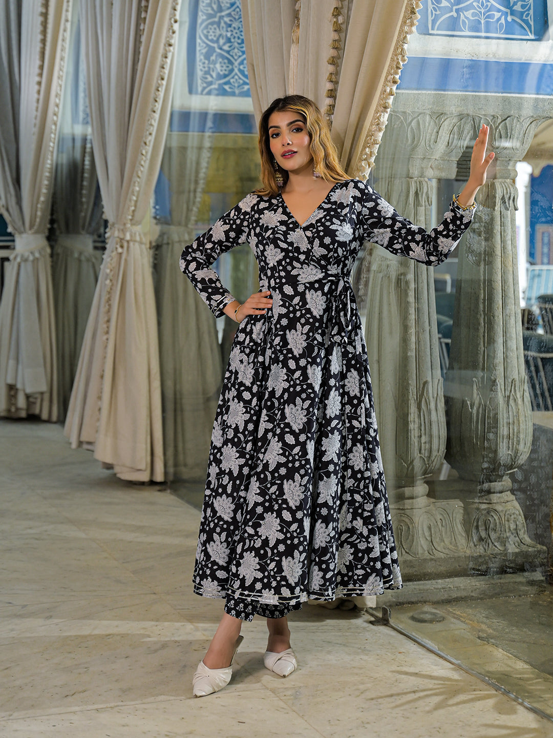 Black Floral Print Cotton Anarkali Kurta Pant Sets