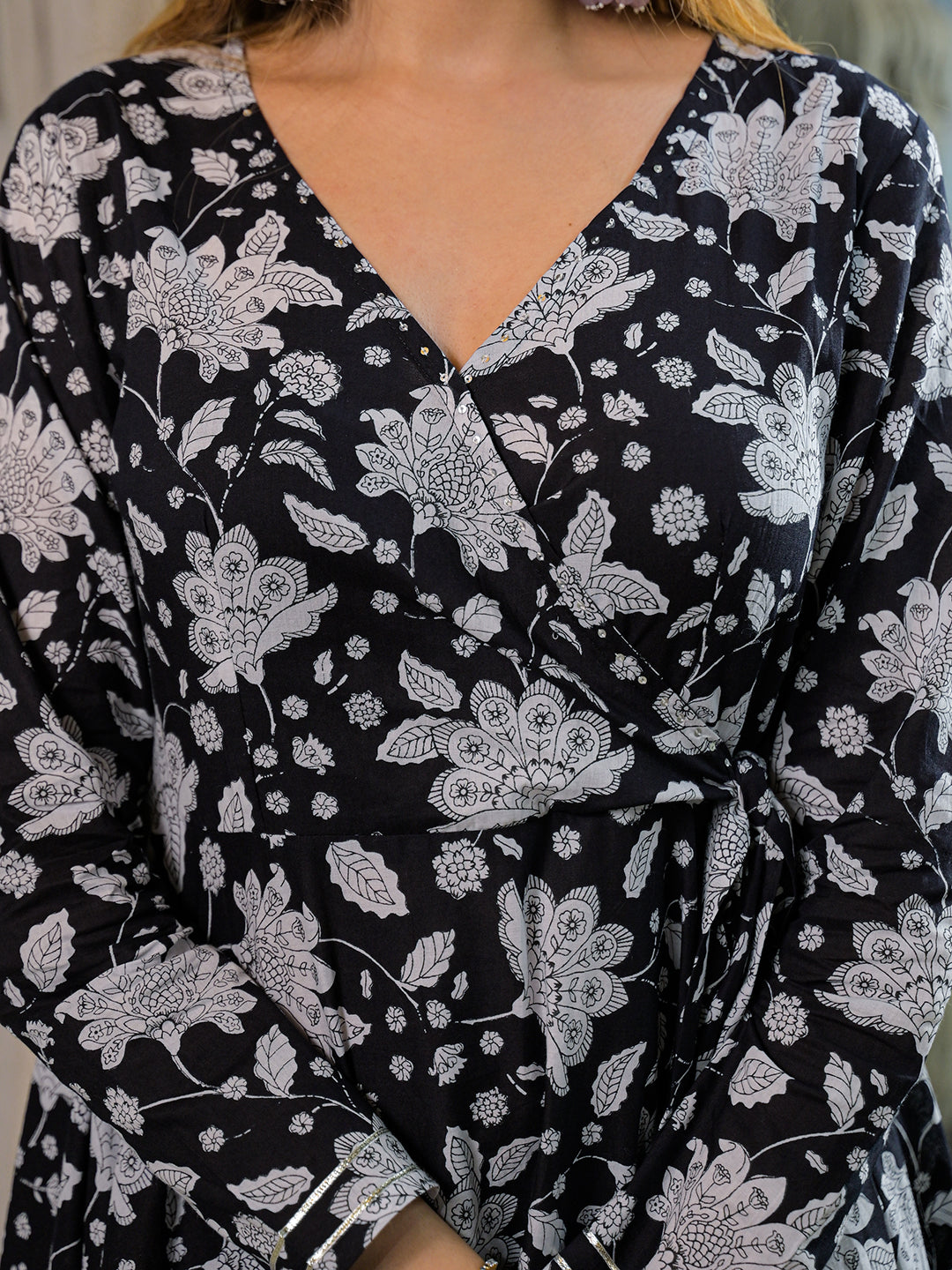 Black Floral Print Cotton Anarkali Kurta Pant Sets