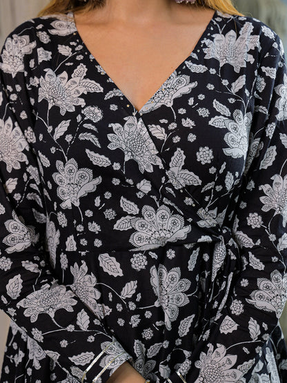 Black Floral Print Cotton Anarkali Kurta Pant Sets