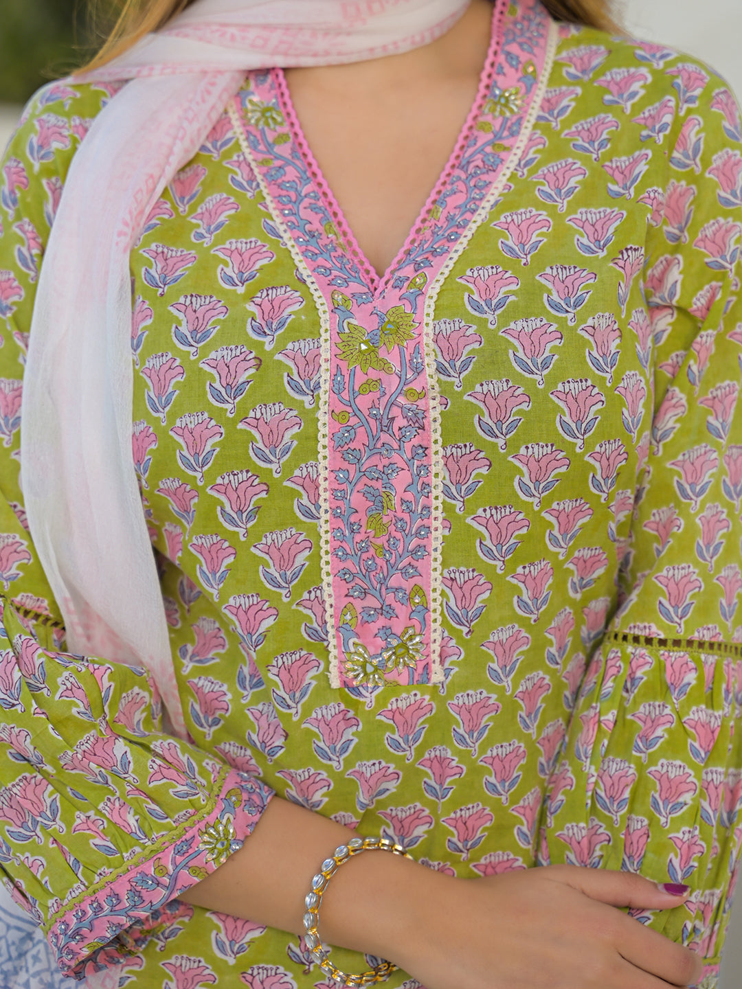 Green Hand Block Cotton Straight Kurta Pant Set With Dupatta