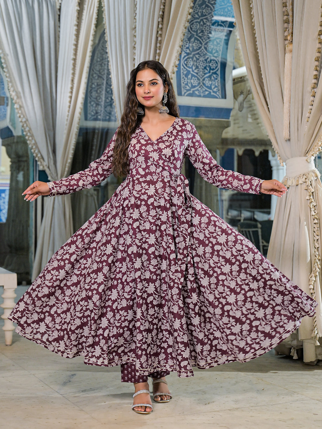 Burgundy Floral Print Cotton Anarkali Kurta Pant Set