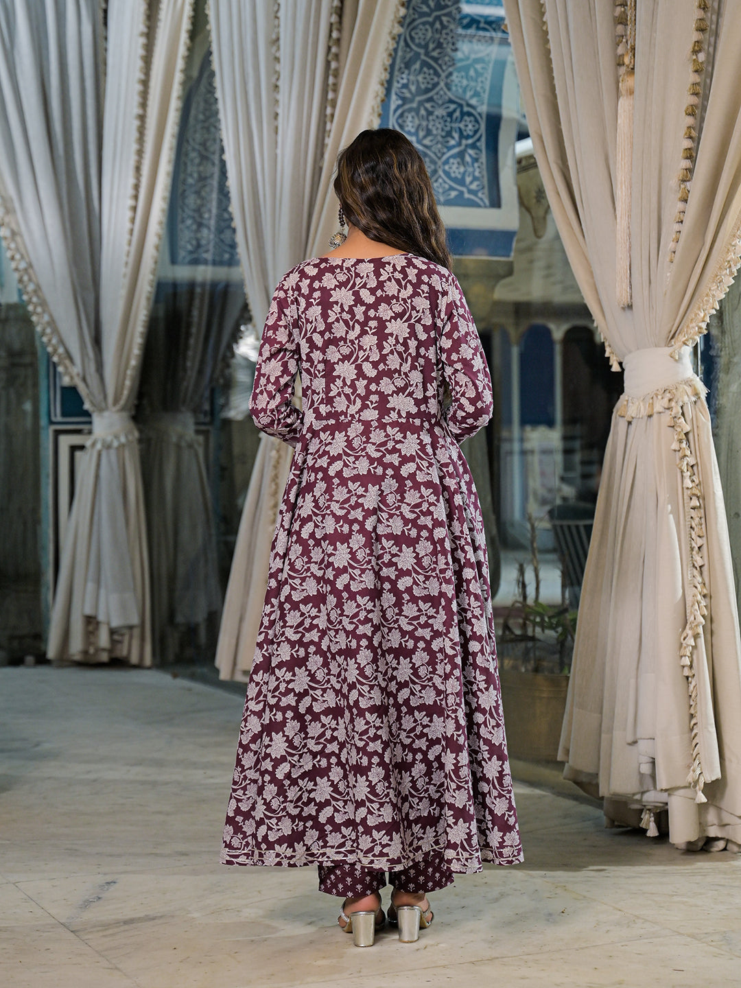 Burgundy Floral Print Cotton Anarkali Kurta Pant Set