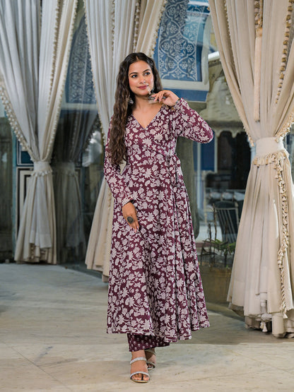 Burgundy Floral Print Cotton Anarkali Kurta Pant Set