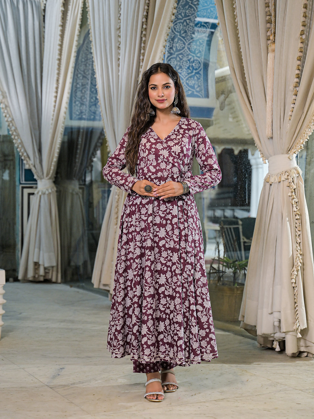 Burgundy Floral Print Cotton Anarkali Kurta Pant Set