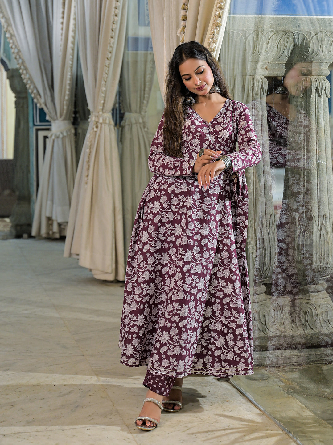 Burgundy Floral Print Cotton Anarkali Kurta Pant Set