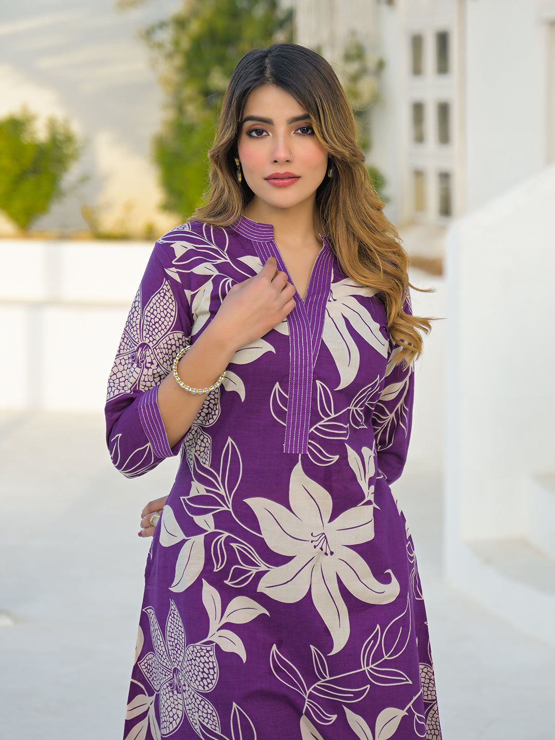 Purple V Neck A-Line Cotton Kurta Pant Sets