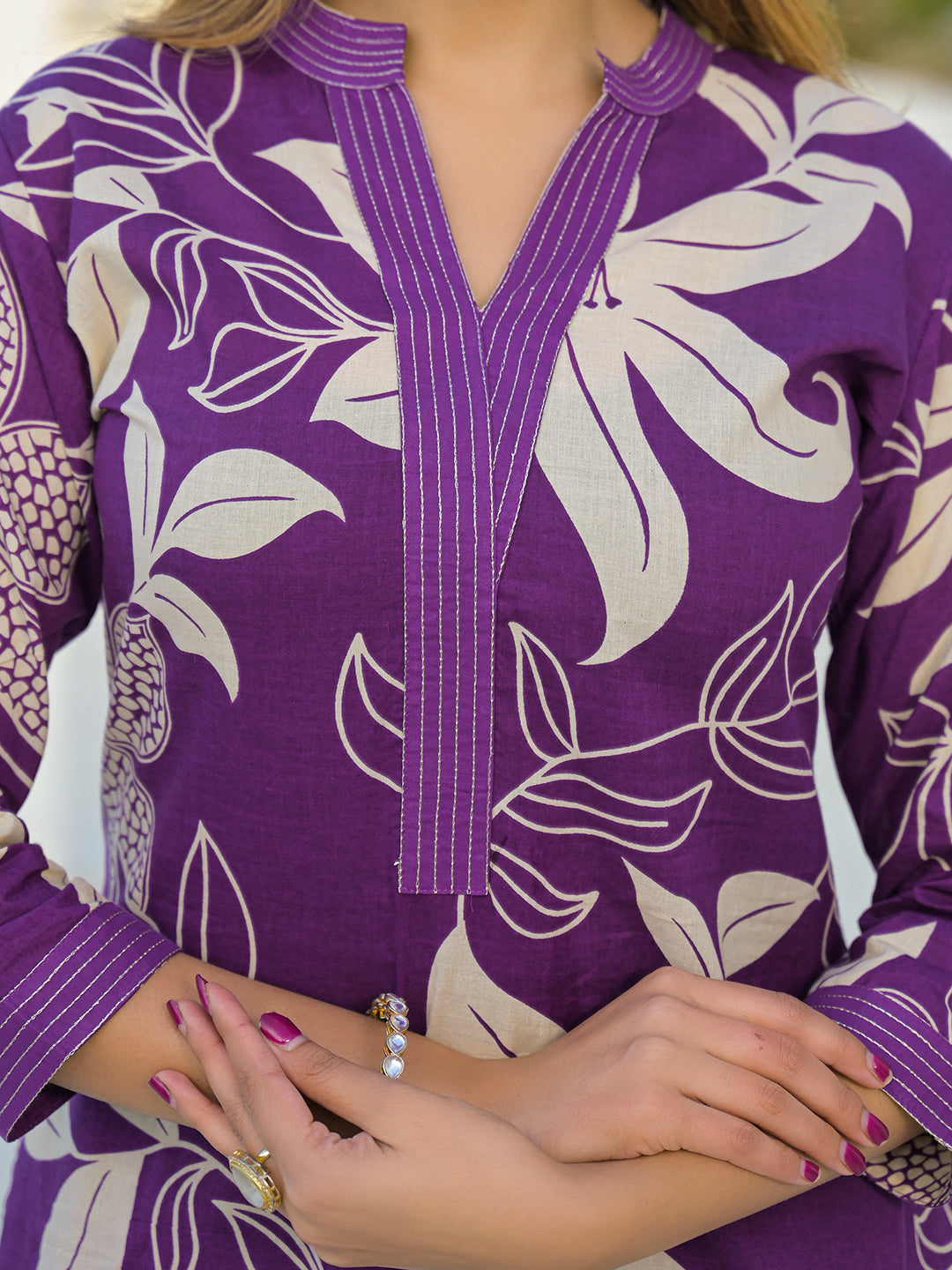 Purple V Neck A-Line Cotton Kurta Pant Sets