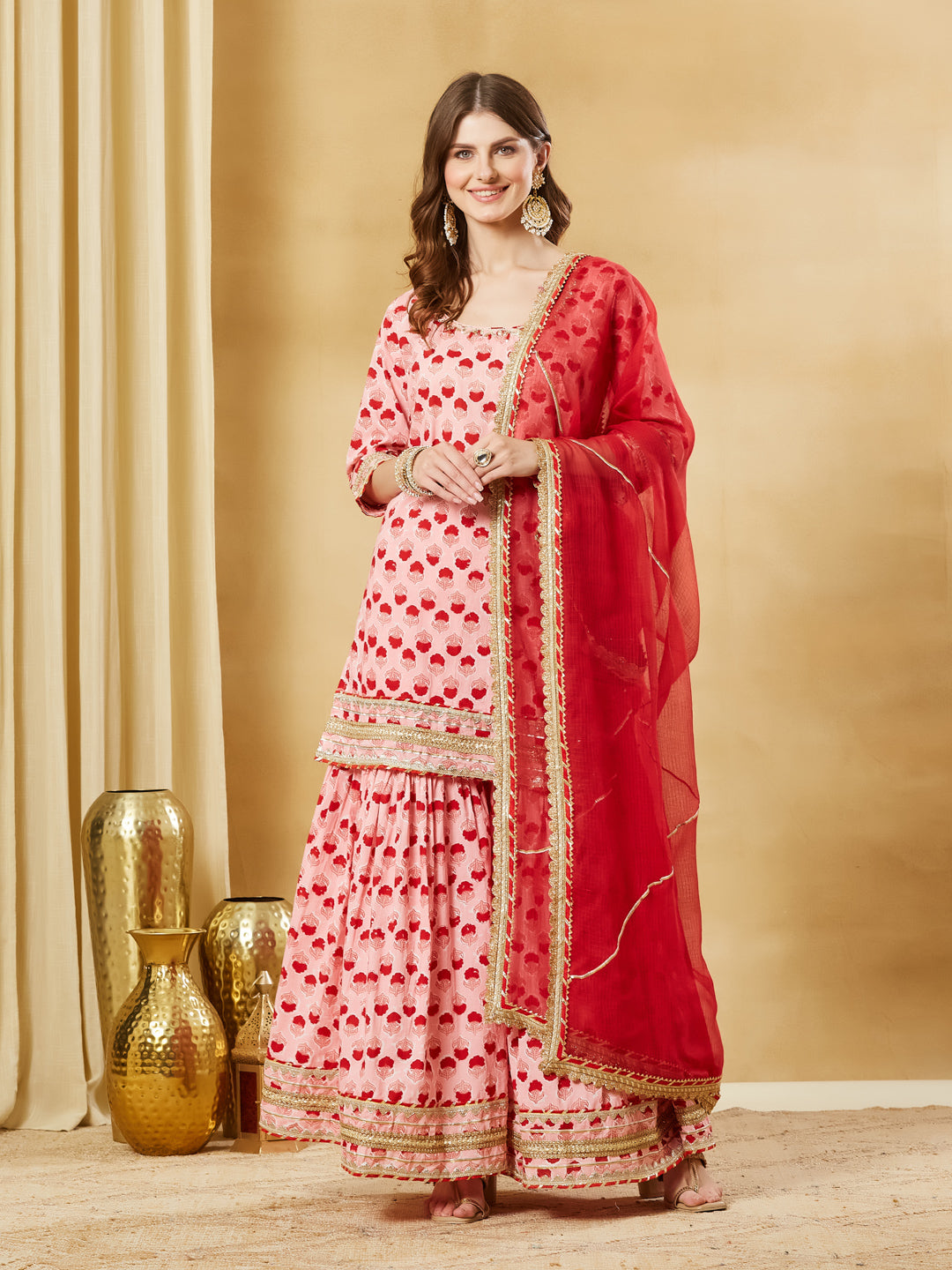 Pink Hand Block Cotton Kurta Sharara Set with Dupatta